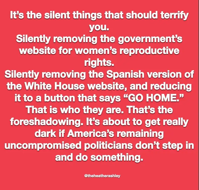 A solid red background with white text listing political grievances, including removing government websites related to…