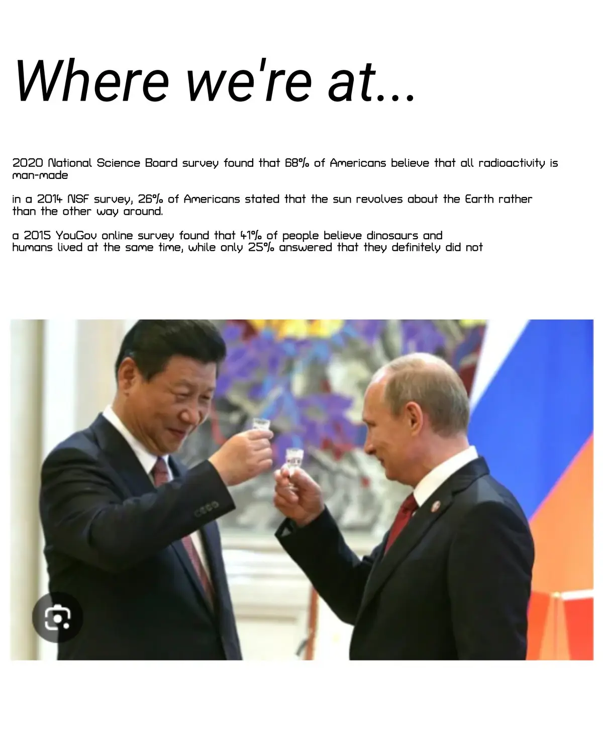 The image shows two men in suits, Xi Jinping and Vladimir Putin, clinking glasses in a toast. Above them, text lists survey…