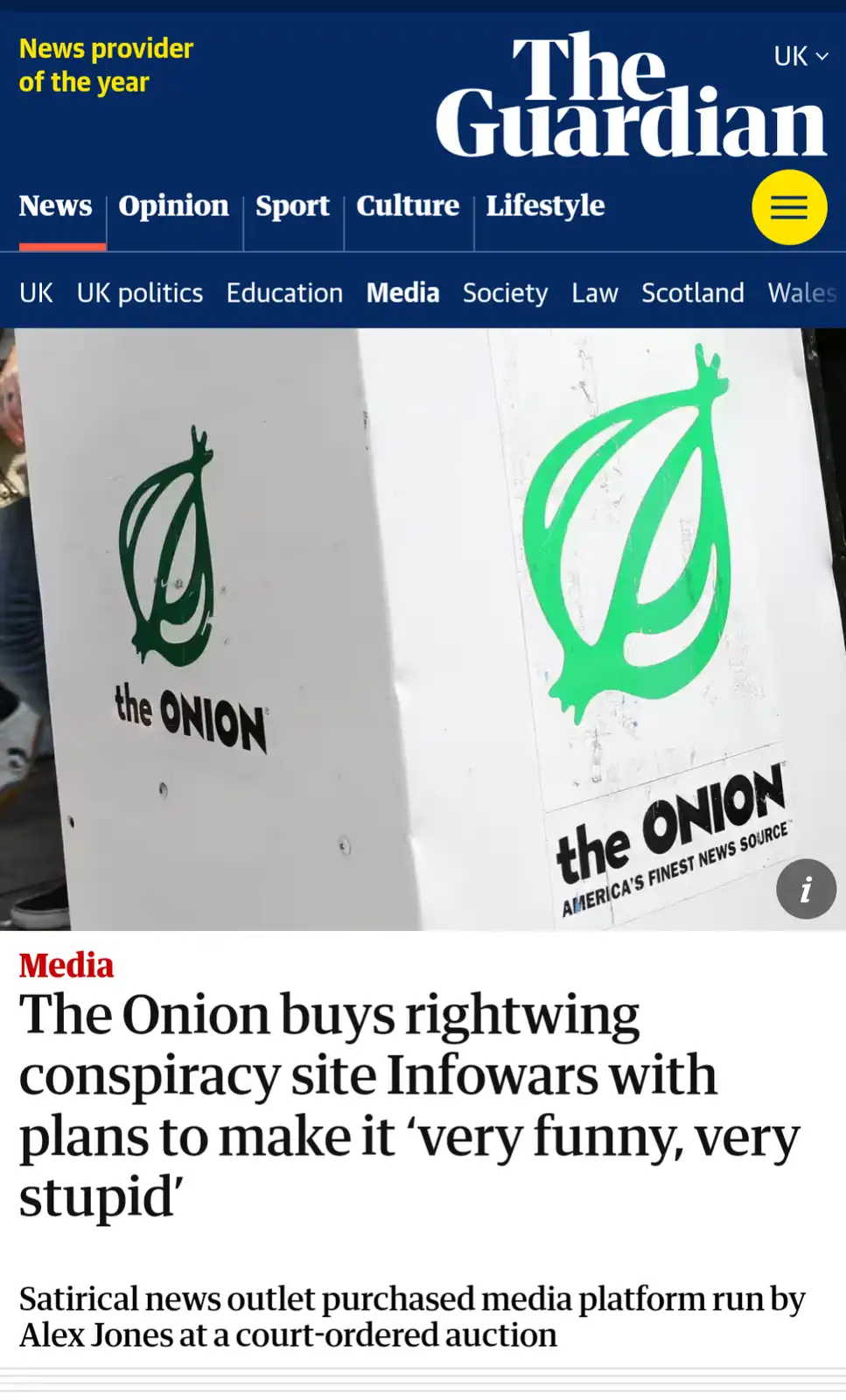 A screenshot of The Guardian's news website shows a headline about The Onion purchasing Infowars. The image displays two…