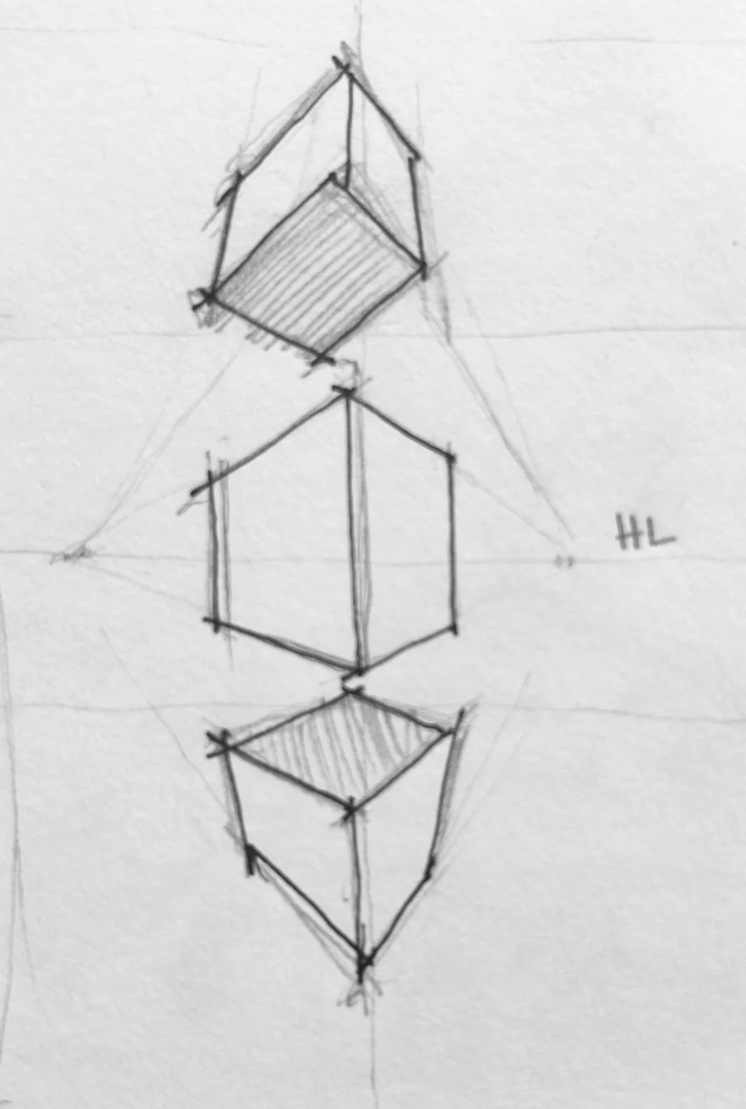 A hand-drawn sketch on textured paper shows three stacked, perspective-drawn cubes, with the top and bottom cubes shaded…