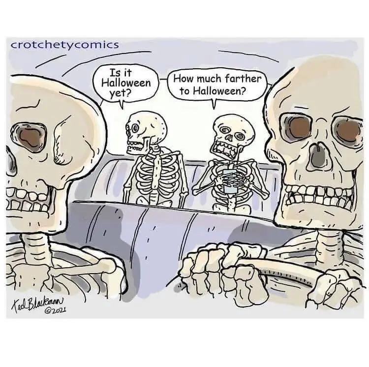 A cartoon depicts three skeletons in a car, with the driver skeleton asking 'Is it Halloween yet?' and the passenger…