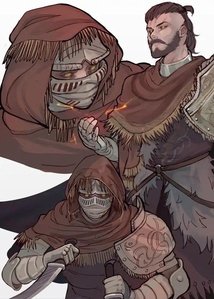 Two hooded, masked figures in brown cloaks with glowing yellow eyes and armor stand beside a bearded man in fur-lined armor…
