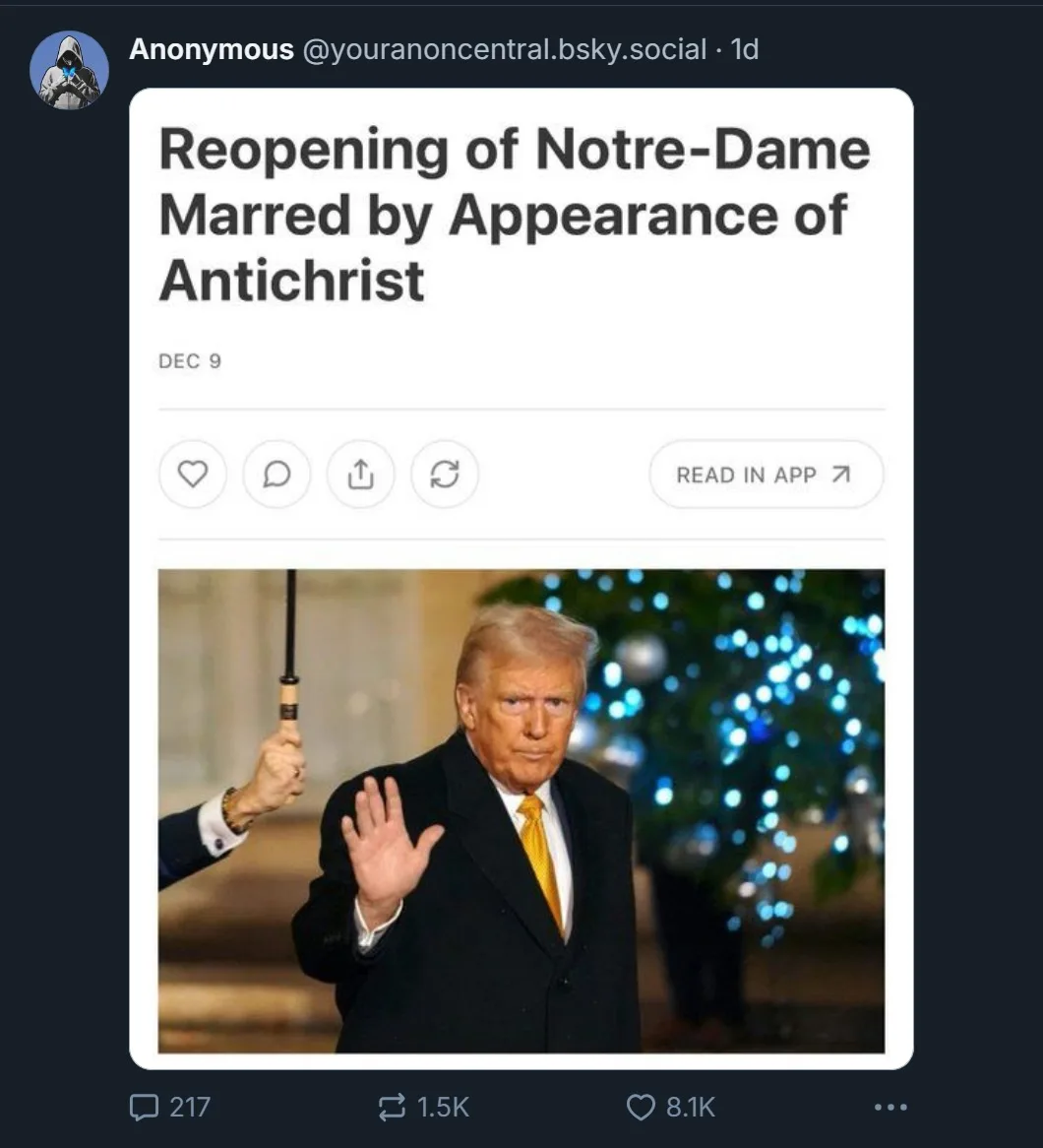 A screenshot of a social media post showing a photo of Donald Trump waving while holding an umbrella, overlaid with the…