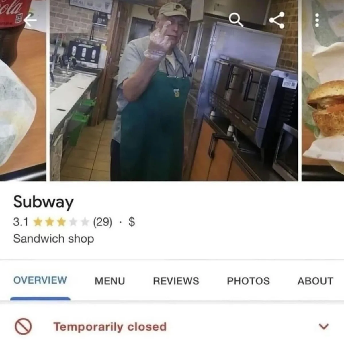 A screenshot of a Google Maps business listing for a Subway sandwich shop, which shows a low 3.1-star rating from 29 reviews…