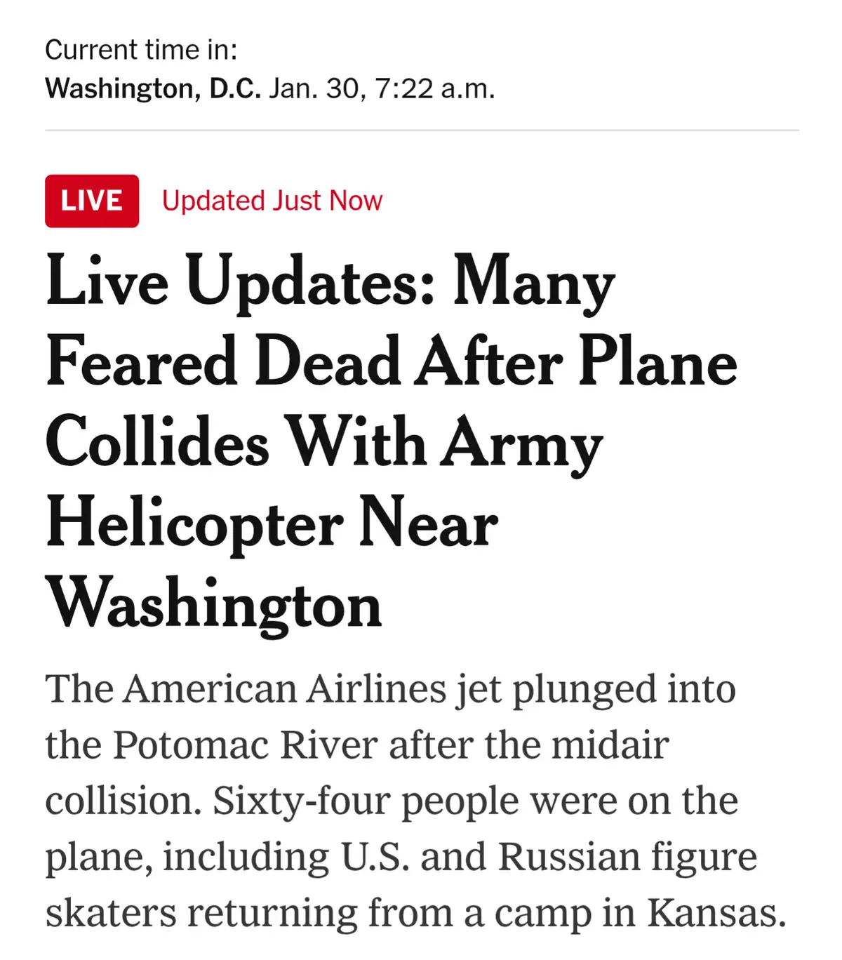 A screenshot of a fake news article with a 'LIVE' banner and timestamp, reporting a fictional midair collision between an…