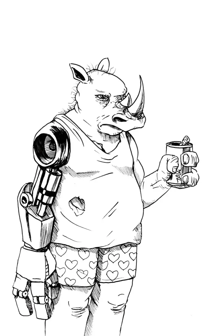 A black-and-white line drawing shows a rhinoceros with a mechanical prosthetic arm, wearing a torn tank top and…