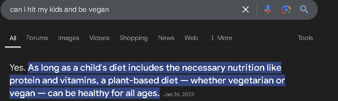 A screenshot of a Google search results page for 'can i hit my kids and be vegan'. The top result shows a highlighted…