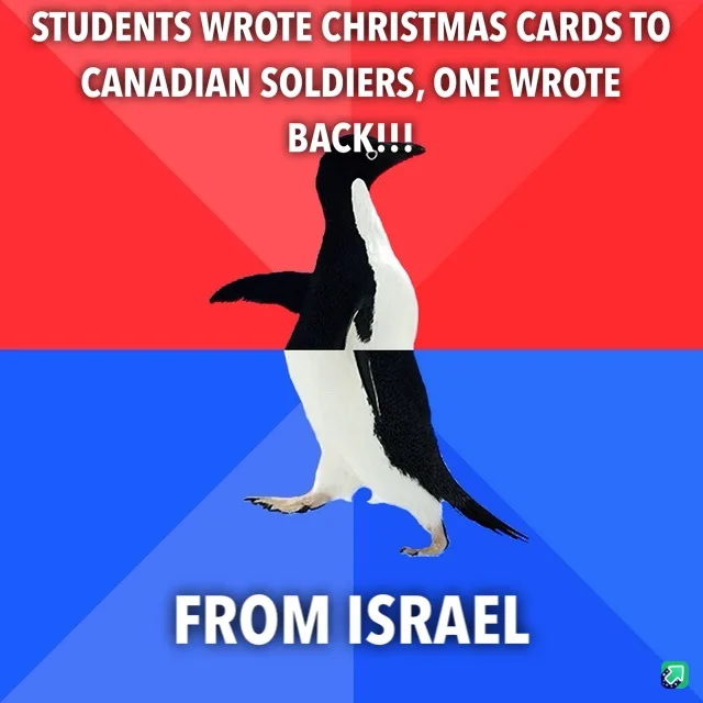 A penguin stands centered against a red and blue background, with white text at the top reading 'STUDENTS WROTE CHRISTMAS…