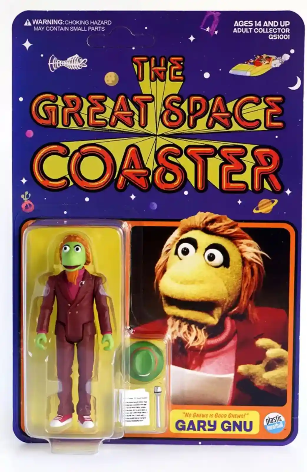 A vintage-style action figure package for 'The Great Space Coaster' features a green Muppet character named Gary Gnu. The…