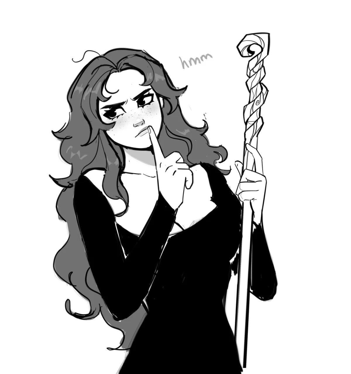 A black-and-white cartoon drawing of a woman with long wavy hair, wearing a dark dress, holding a twisted staff with an eye…