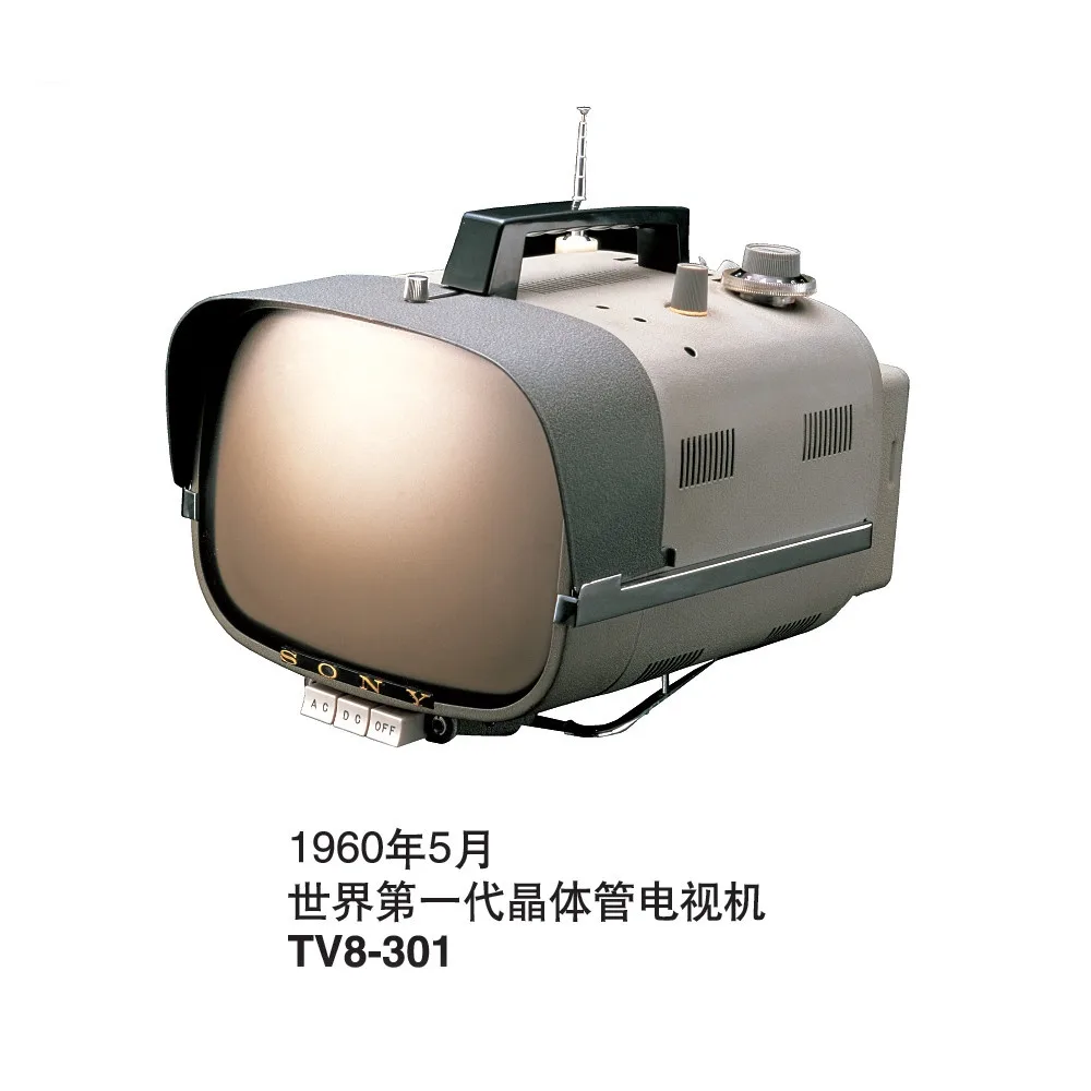 A vintage Sony TV8-301 transistor television from May 1960, shown with a small antenna and power switch, overlaid with…