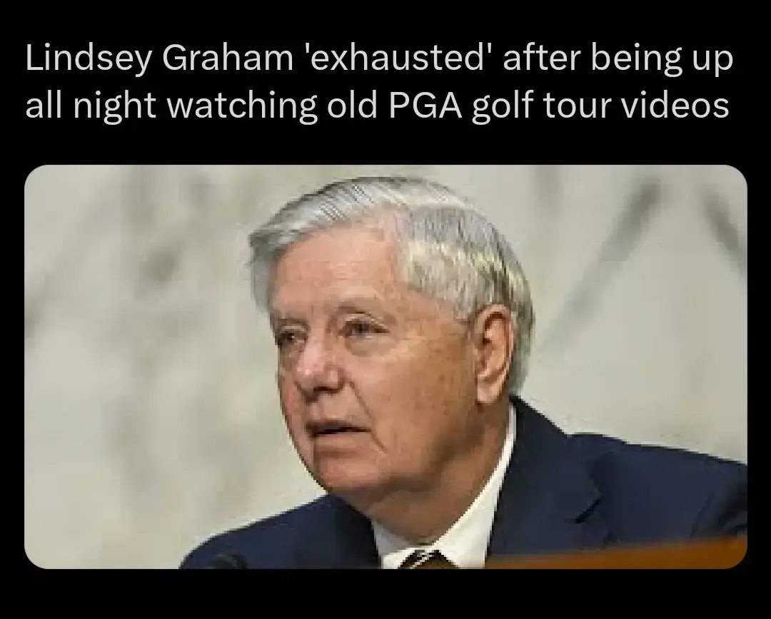 A close-up photo of Senator Lindsey Graham, who appears tired and weary, wearing a dark suit and tie. The overlaid text…