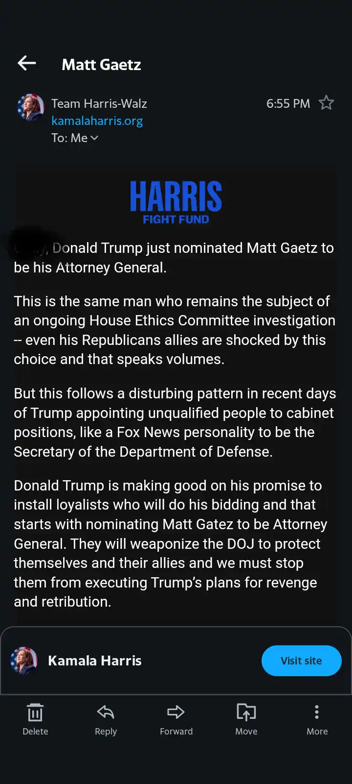 A screenshot of an email from 'Team Harris-Walz' to 'Me' with the subject 'Matt Gaetz'. The email, branded with the 'HARRIS…