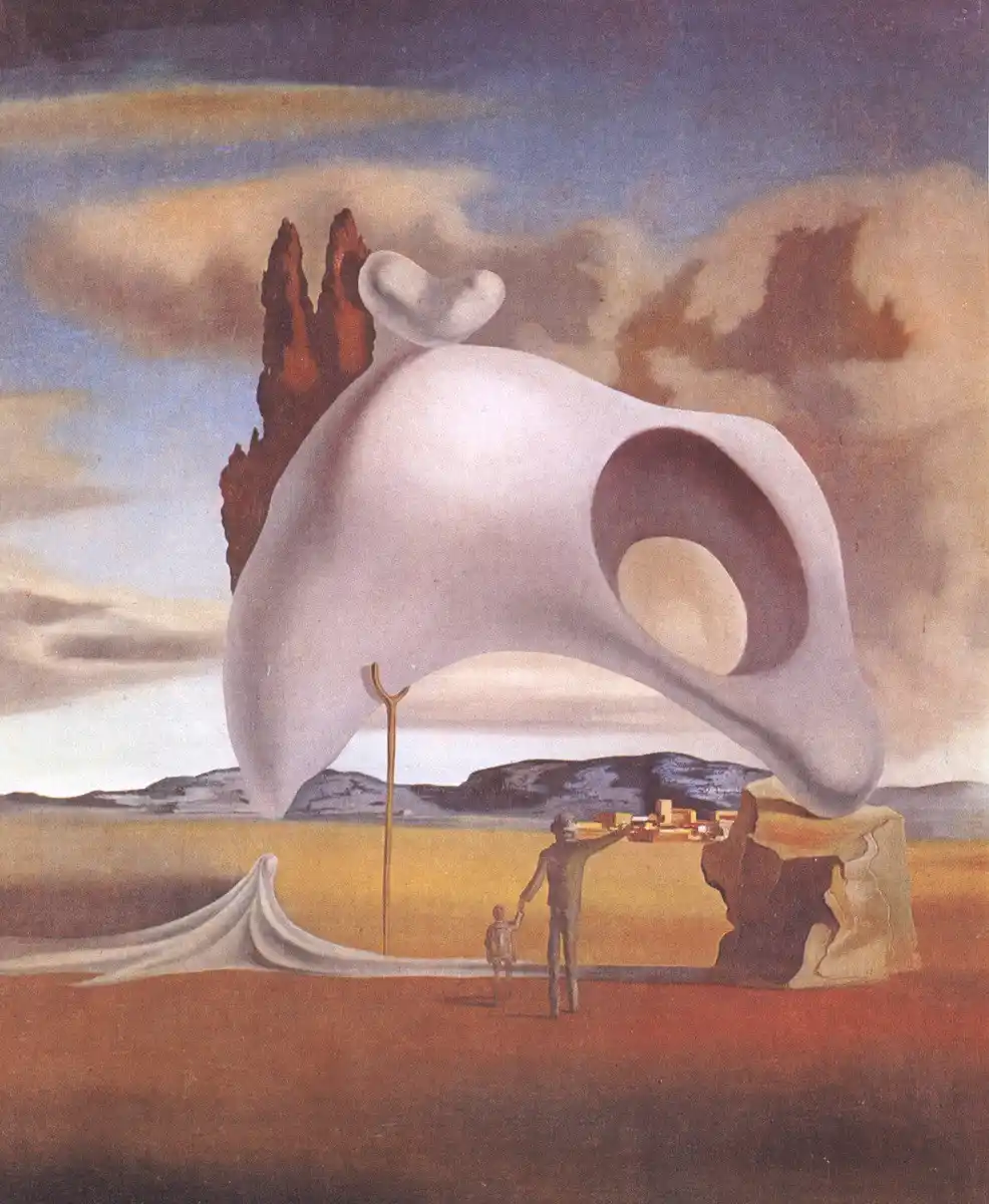 A surrealist painting depicts a giant, white, egg-shaped object with a large hole, looming over a barren landscape. A man…