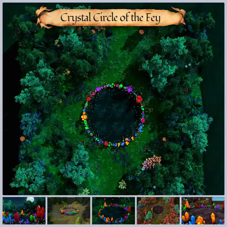 An overhead view of a mystical forest with a glowing, multi-colored crystal circle labeled 'Crystal Circle of the Fey' at…