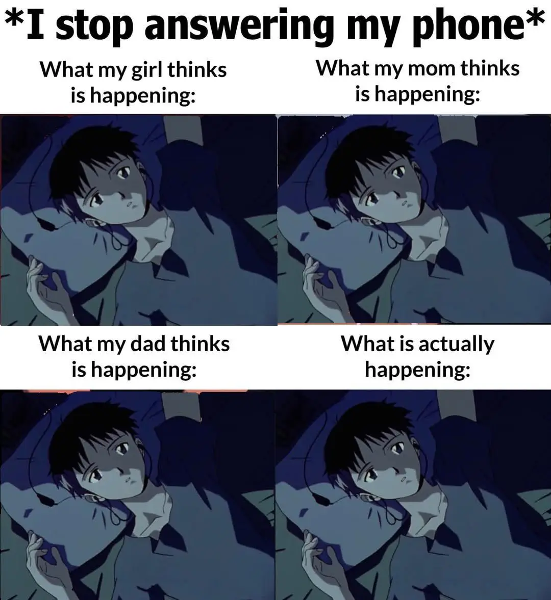 A four-panel meme using the same anime character image in each panel, showing a person lying in bed at night. The top-left…