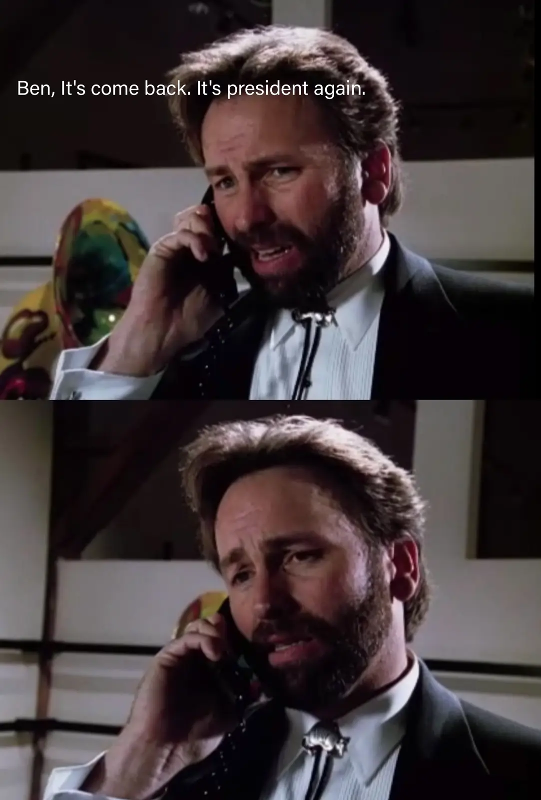 A two-panel meme featuring actor Kevin Nealon in a scene from the movie 'The Cable Guy'. In both panels, he is on the phone…