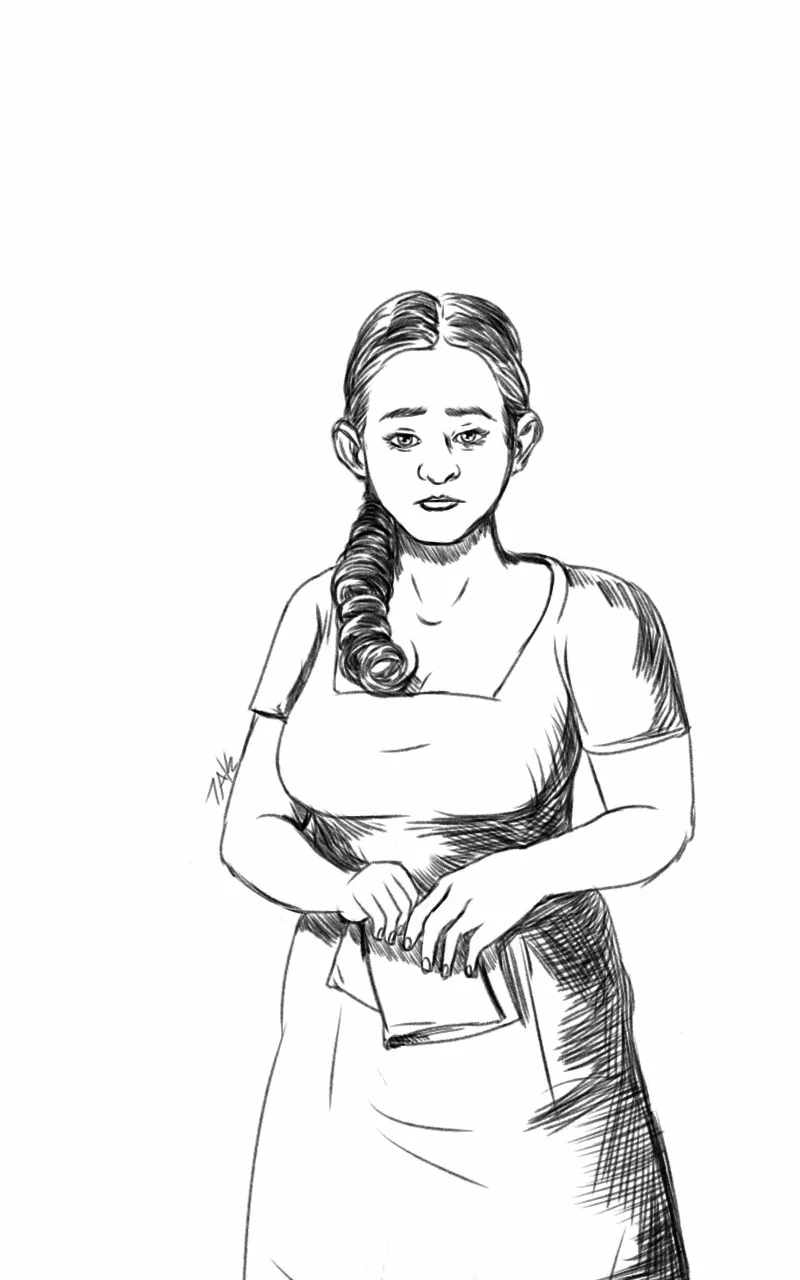 A black-and-white sketch depicts a woman with a long braid, wearing a simple dress and apron, holding a folded piece of…