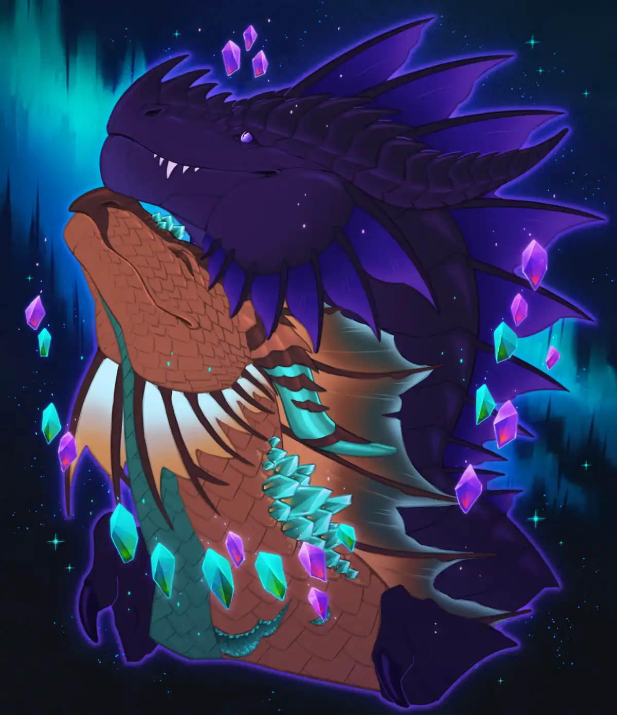 A stylized purple dragon with glowing wings and sharp teeth is shown biting into a brown, scaly creature that resembles a…