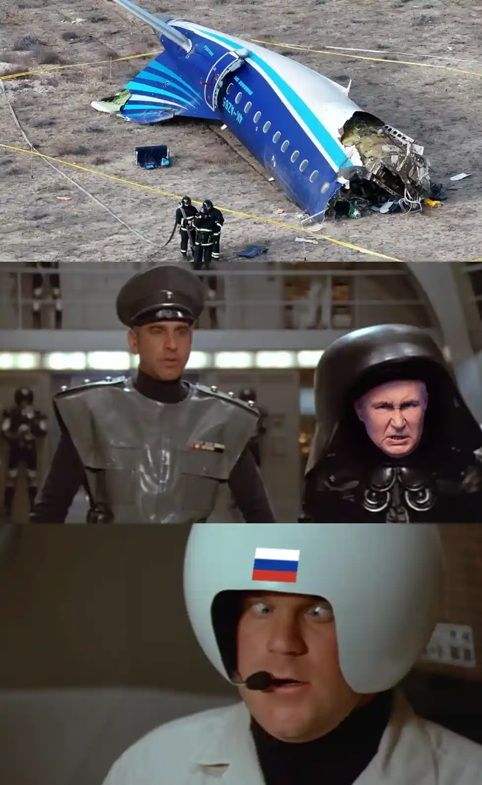 The image is a three-panel meme. The top panel shows the wreckage of a blue and white airplane with 'Aeroflot' and 'S7'…