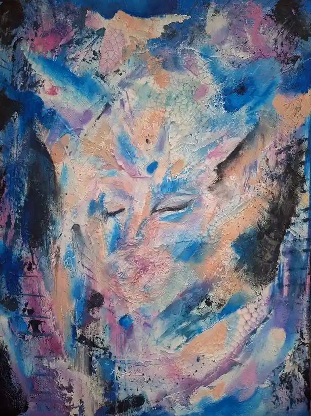 An abstract, textured painting depicts a face with closed eyes and a serene expression, rendered in thick layers of blue…