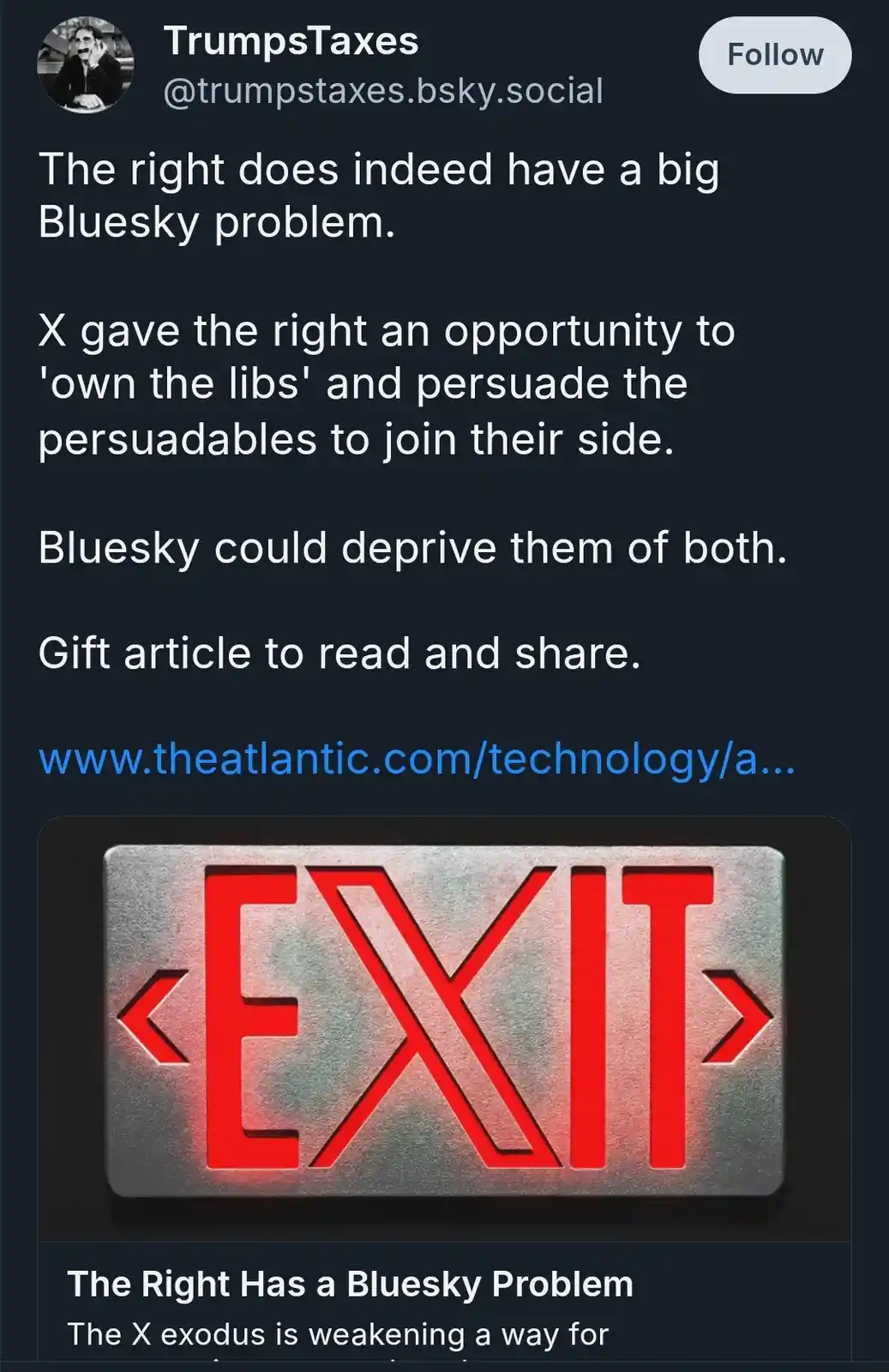 A screenshot of a Bluesky post by 'Trumpstaxes' discussing the right's migration to Bluesky, overlaid with an image of a red…