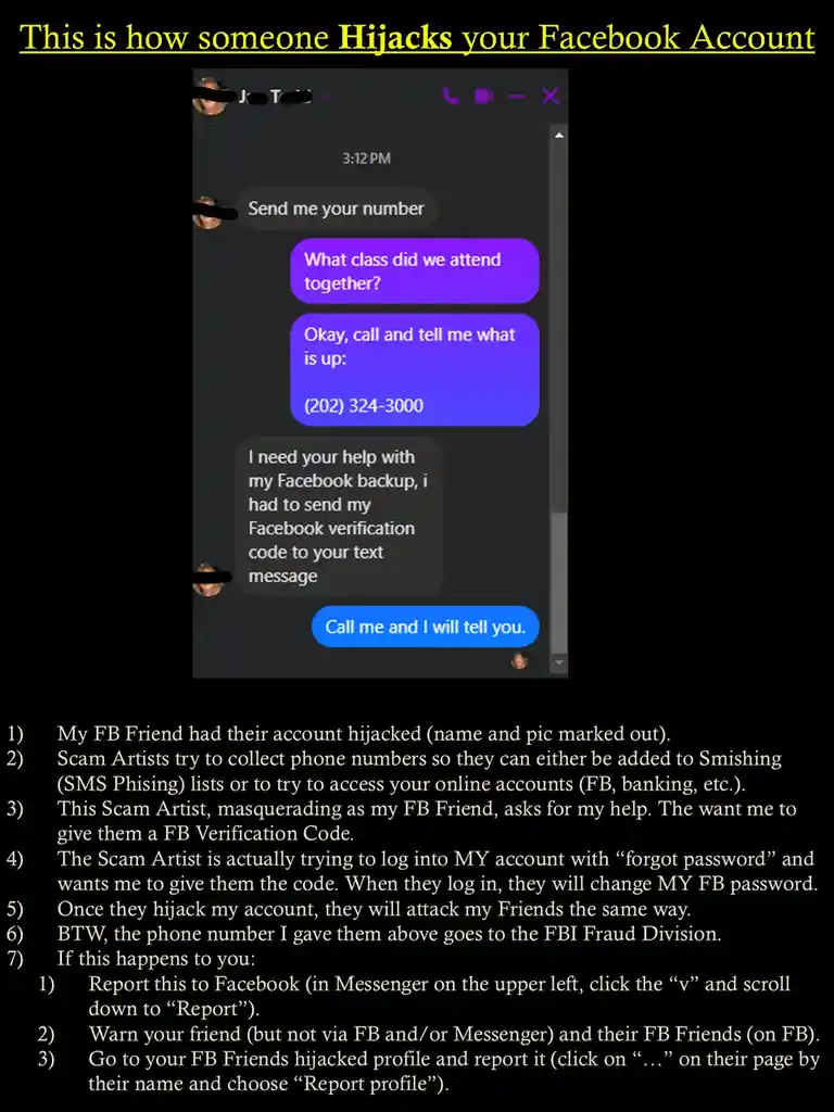 A screenshot of a Facebook Messenger conversation shows a scammer pretending to be a friend, asking for the victim's phone…