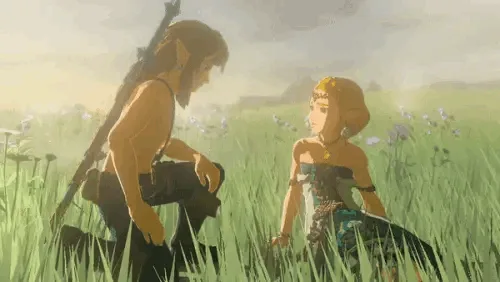 a six-panel image sequence from The Legend of Zelda: Breath of the Wild shows Link and Zelda sitting in tall grass. In each…