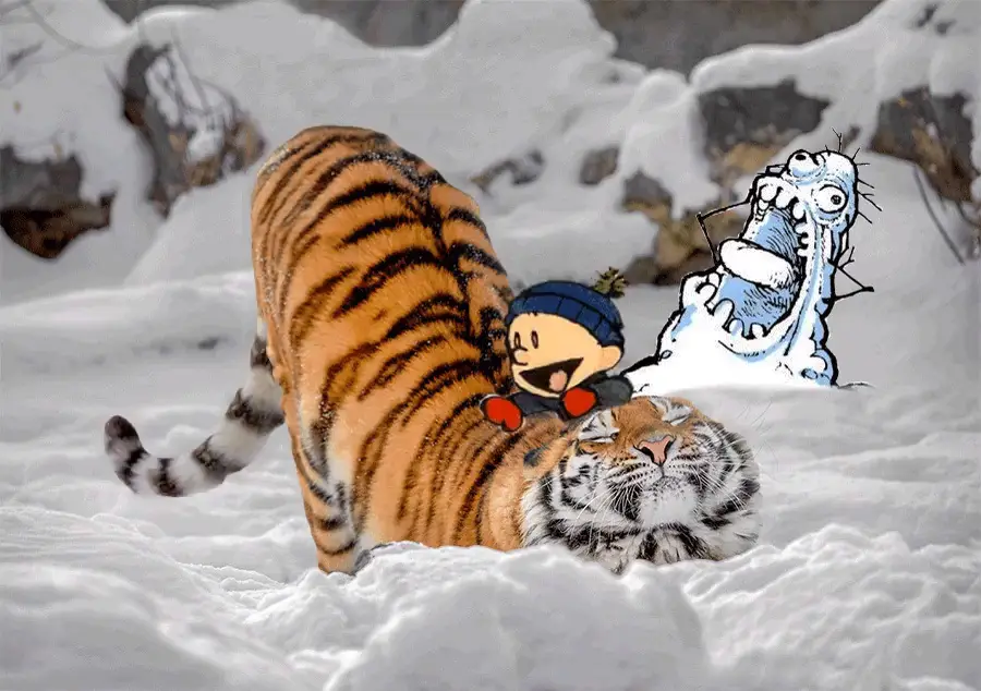 A real tiger lies calmly in deep snow, with a cartoon boy in a blue hat riding its back and a cartoon blue monster screaming…