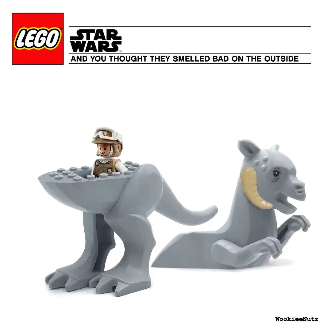 A LEGO Star Wars image shows a gray, four-legged creature with a saddle-like structure on its back, upon which sits a LEGO…