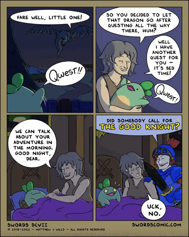 A four-panel comic strip shows a child-like green creature, 'Qwest,' excitedly saying goodbye to a dragon as it flies away…