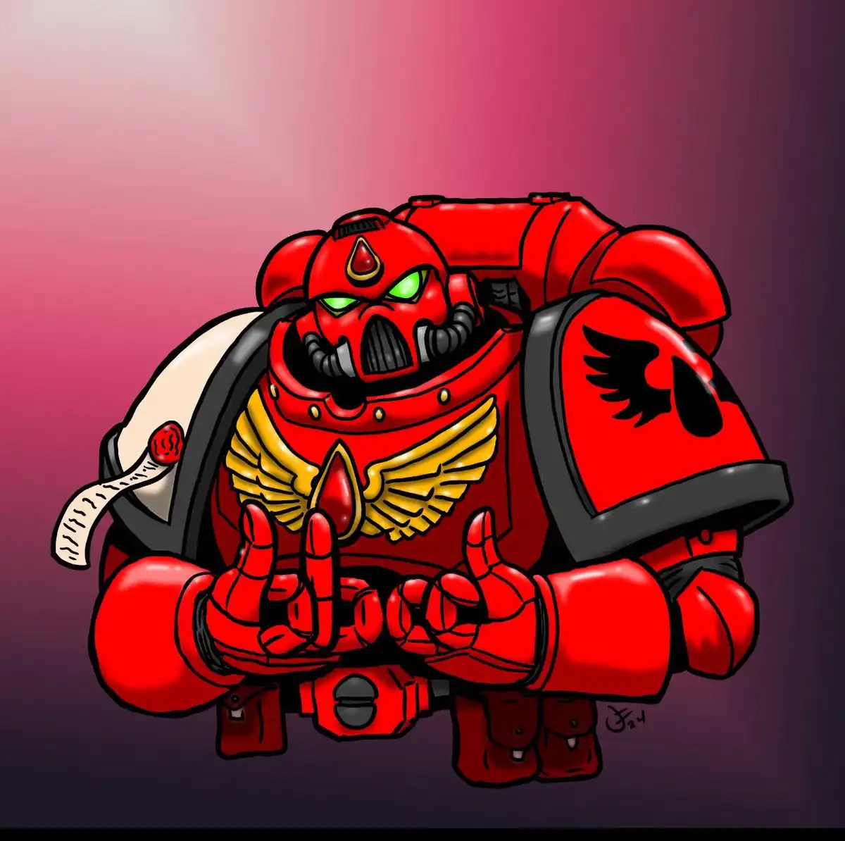 A cartoonish red-armored space marine with glowing green eyes and a black eagle emblem on his shoulder, making a rude hand…