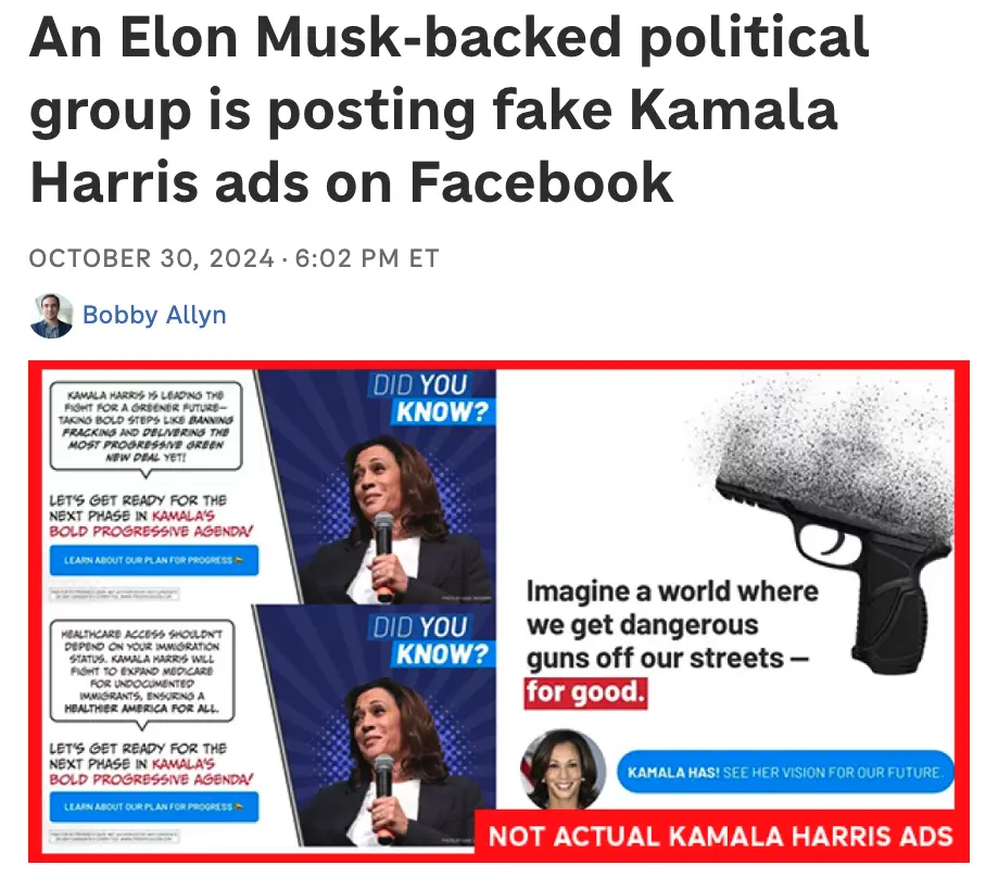 The image displays a screenshot of a news article about fake political ads. The article shows two mock-up ads featuring…