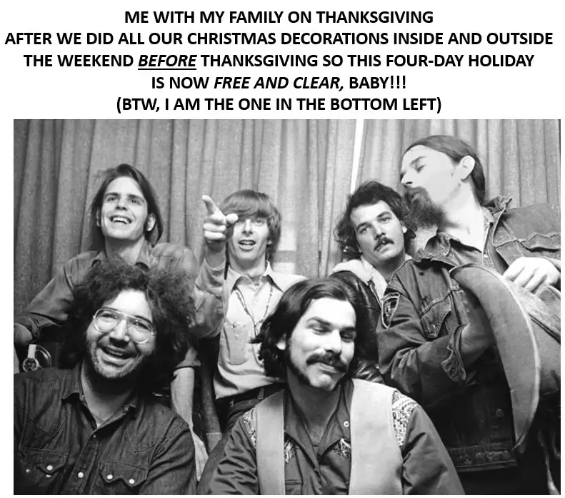 A black-and-white photo of six men in 1970s-style clothing posing together, with overlaid text humorously claiming the photo…