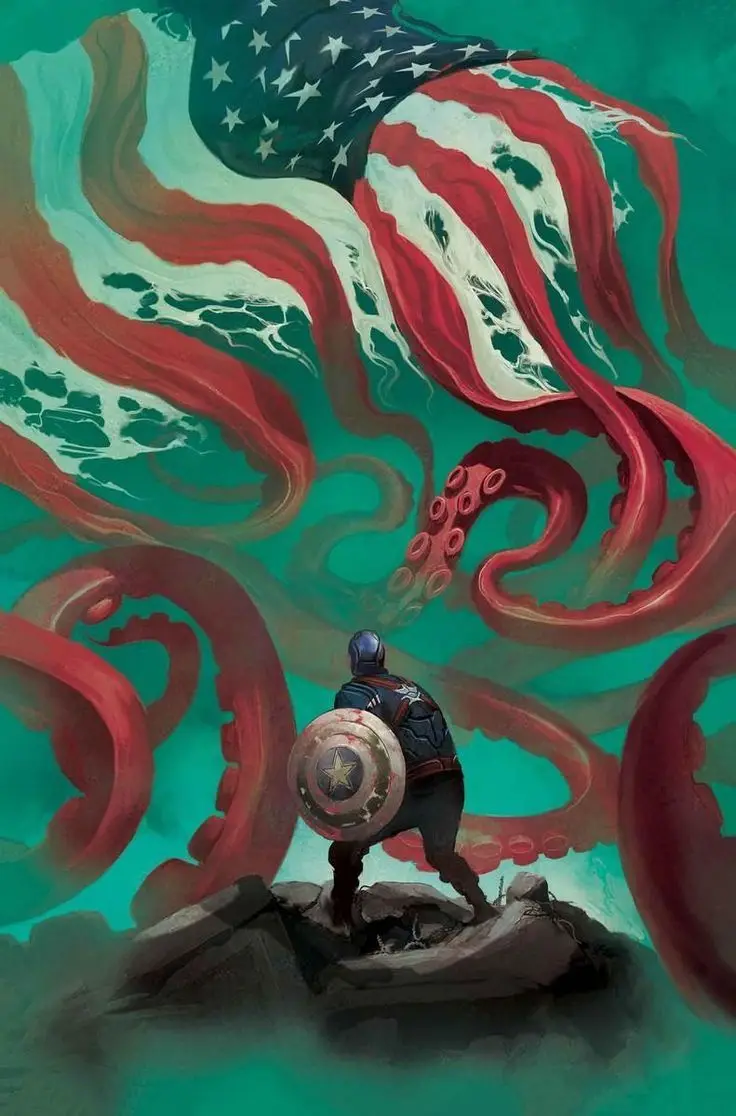 A painting depicts Captain America from behind, standing on a rocky outcrop and holding his shield, facing a massive octopus…