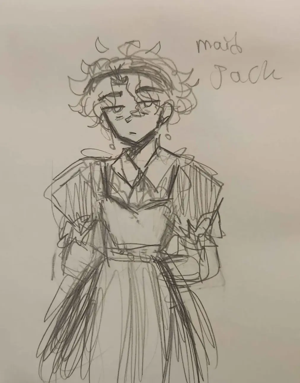 A rough pencil sketch of a character with curly hair and horns, wearing a maid outfit, with the handwritten text 'maid Jack'…