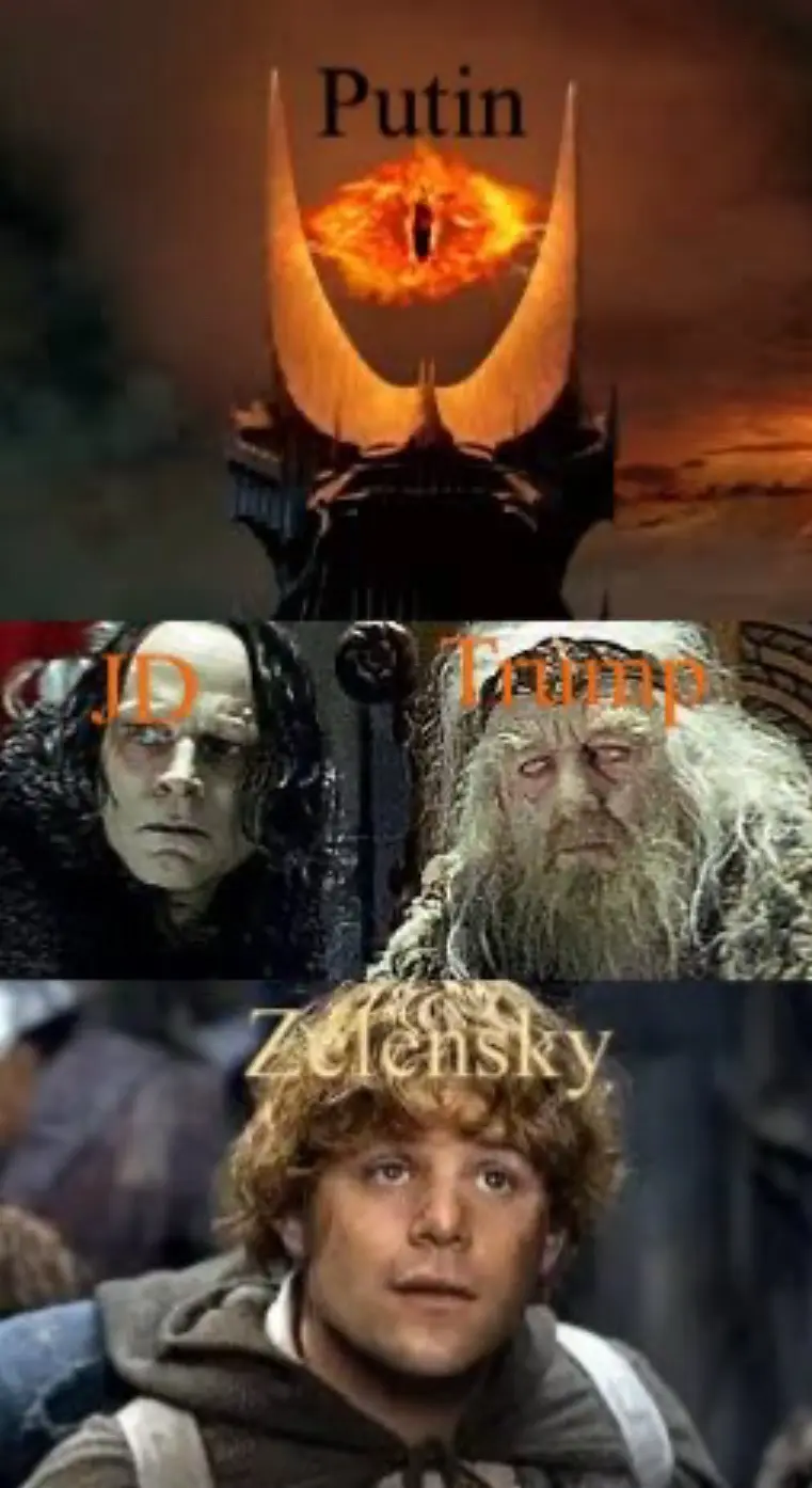 The image is a three-panel meme. The top panel shows the Eye of Sauron from 'The Lord of the Rings' with the word 'Putin'…