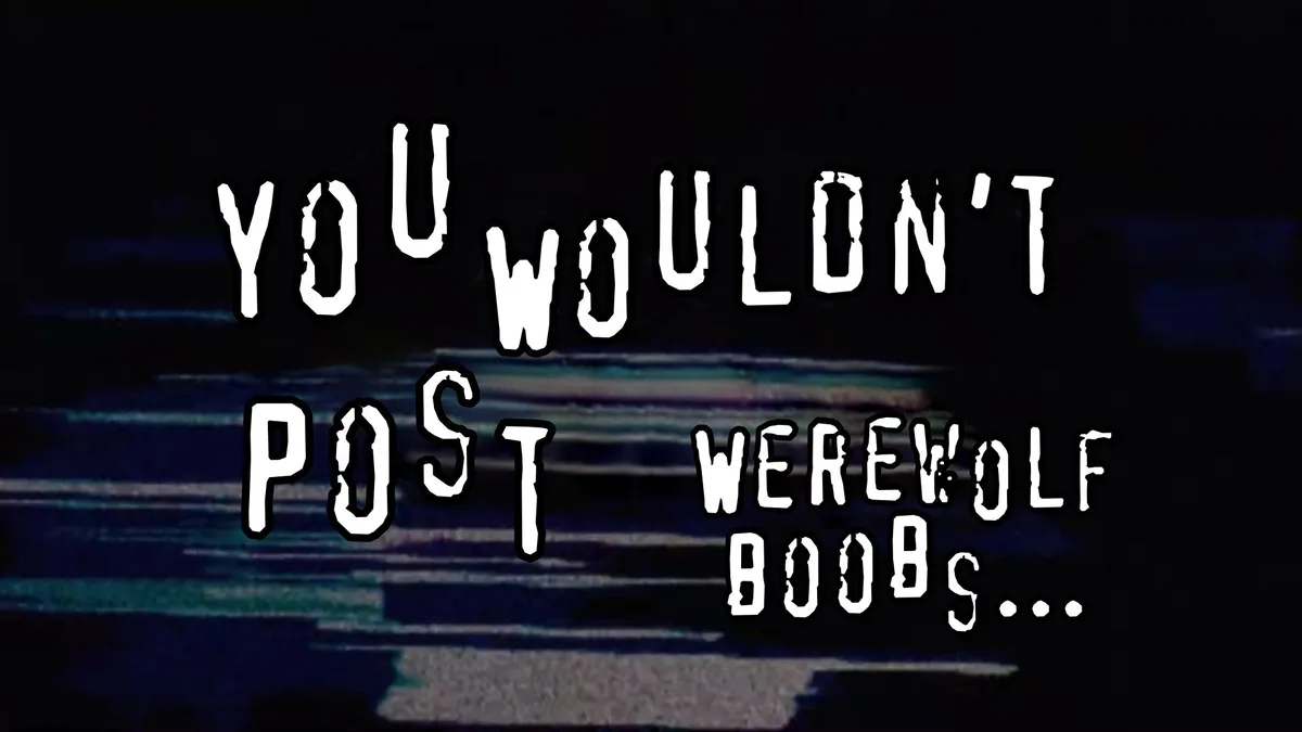 The image features bold, white, jagged-edged text reading 'YOU WOULDN'T POST WEREWOLF BOOBS...' against a dark, glitchy…