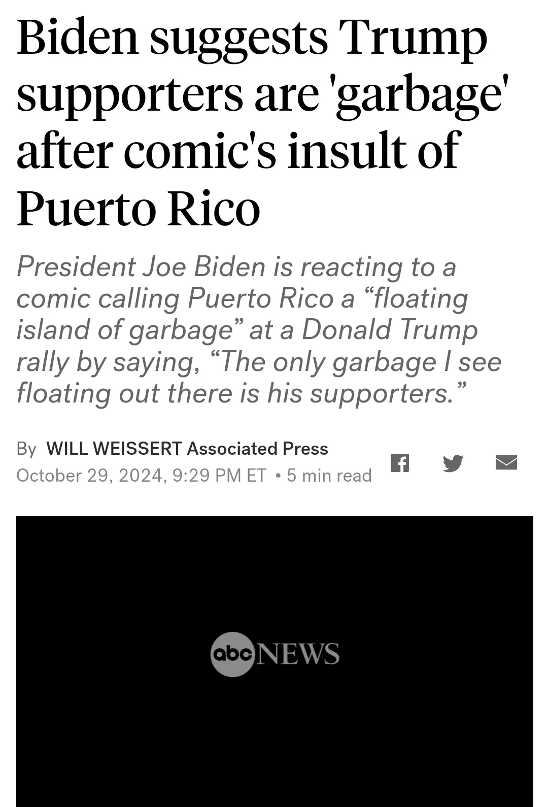 The image displays a screenshot of an ABC News article with a headline stating 'Biden suggests Trump supporters are…