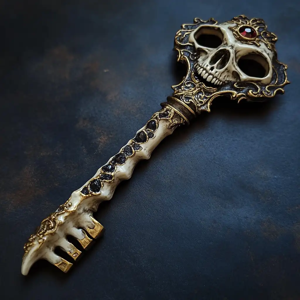 a highly detailed, ornate key with a skull-shaped head featuring a red gemstone in its eye socket, set against a dark…