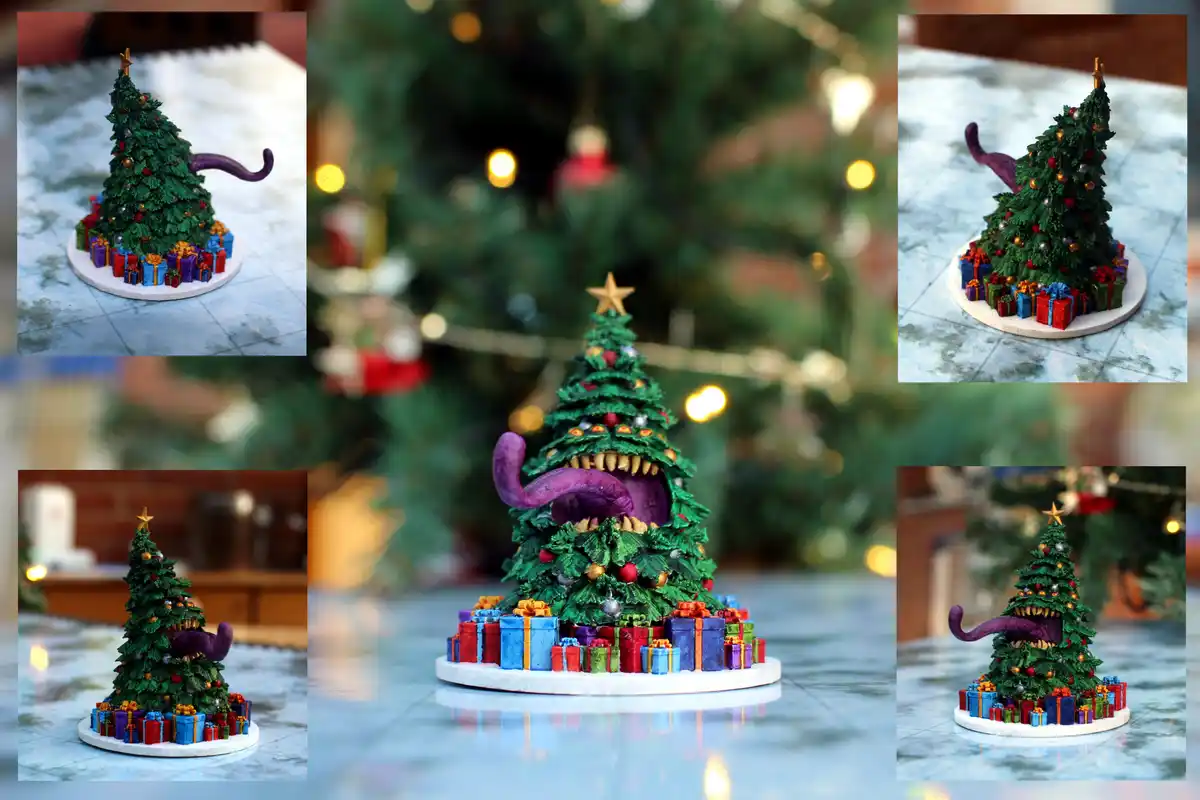 A composite image showing a miniature Christmas tree figurine decorated with ornaments and presents, but with a large…
