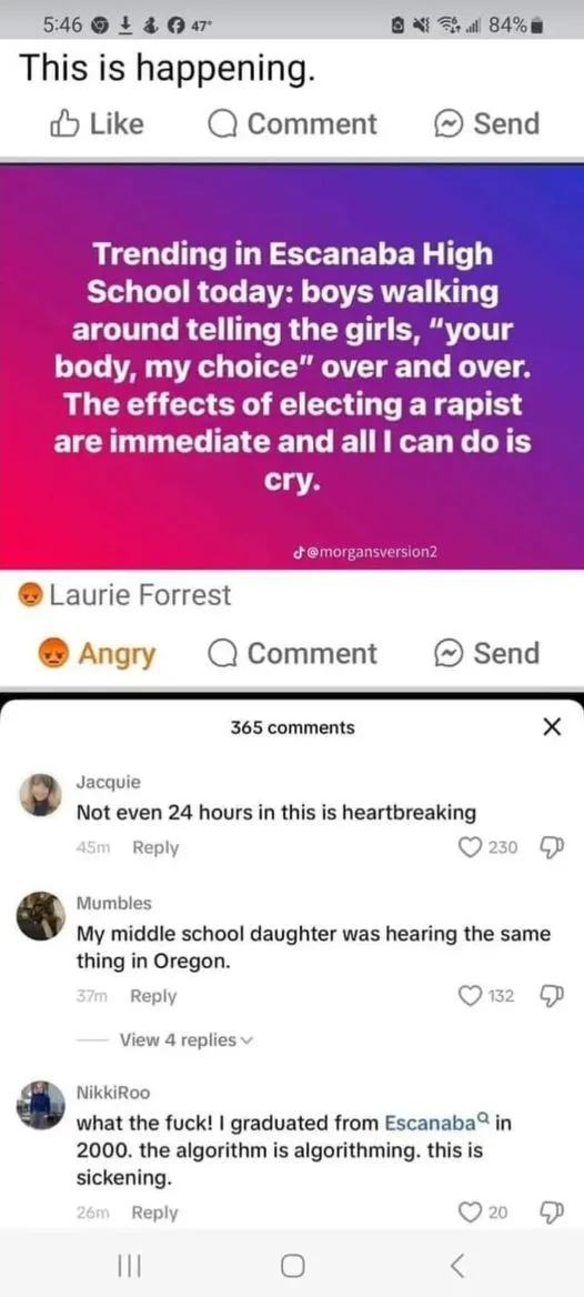 A screenshot of a Facebook post with a purple-to-pink gradient background and white text stating a trending issue at…