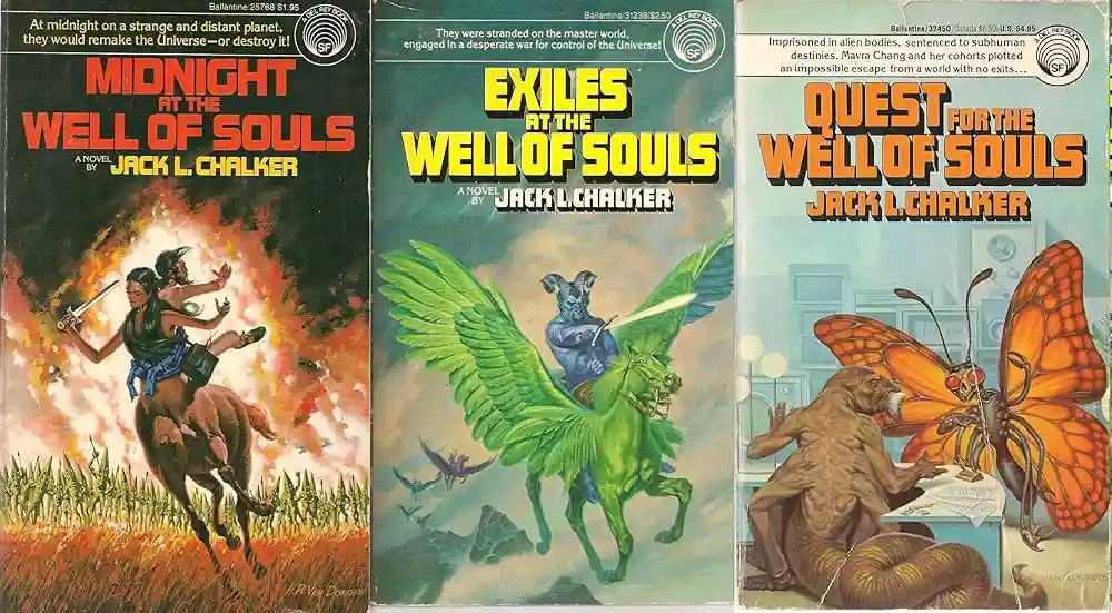 Three book covers side-by-side for Jack L. Chalker's 'Well of Souls' trilogy, each with distinct artwork: warriors on…