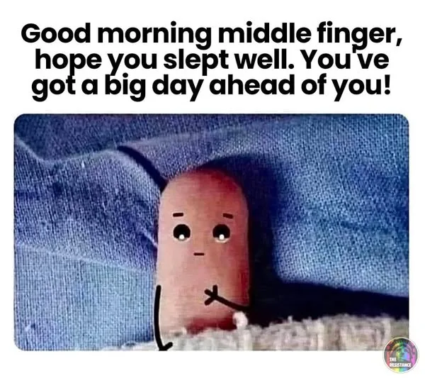 A cartoon-style middle finger with a sad, tired face is shown lying in bed under blue blankets, with a black arrow pointing…
