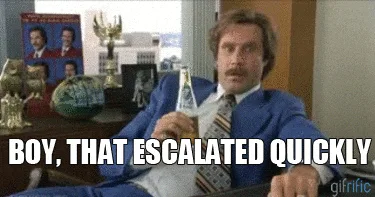 A six-panel image sequence shows actor Will Ferrell as the character Ron Burgundy in a blue suit, holding a beer bottle…