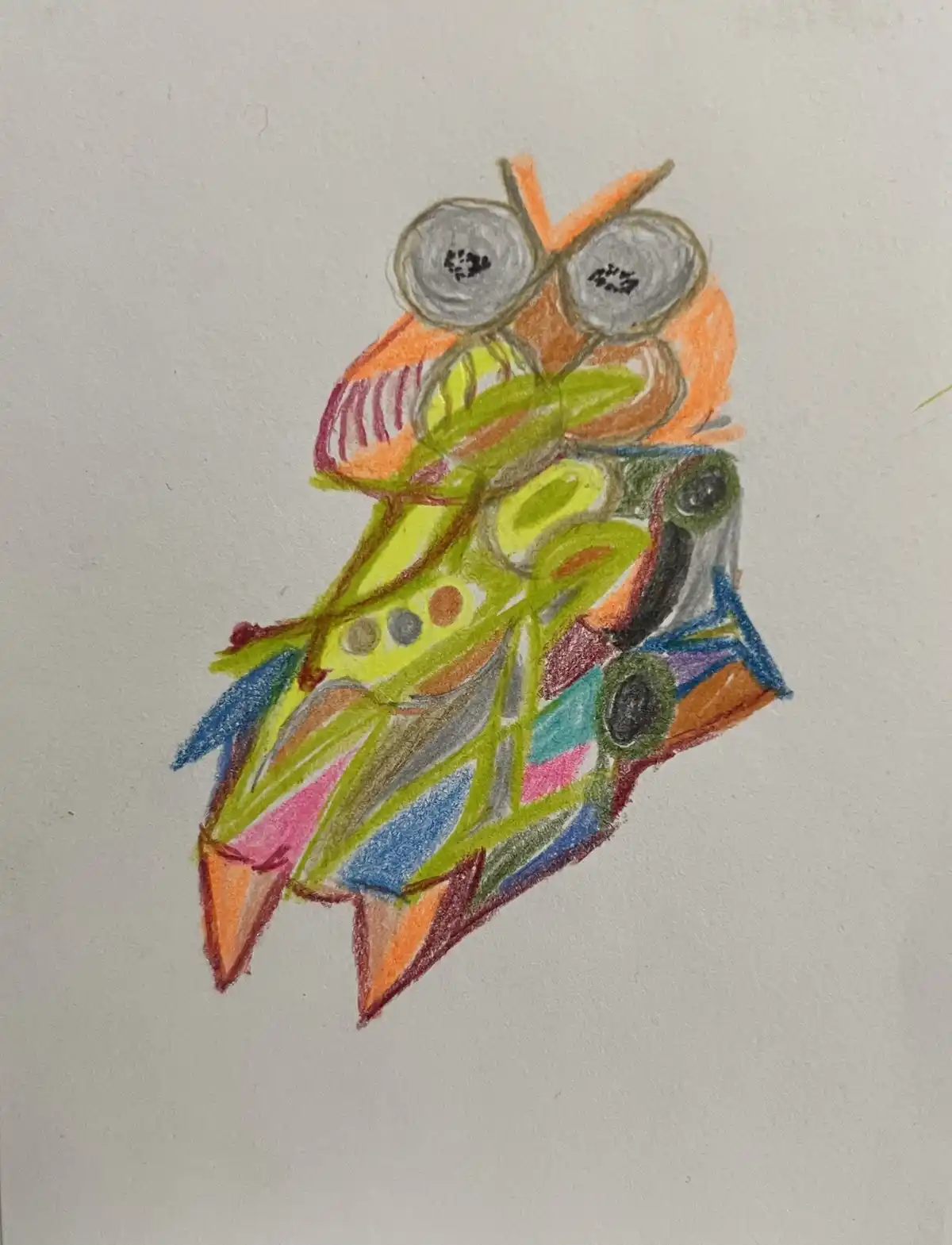 A colorful crayon drawing of a stylized, abstract creature with large round eyes, orange head, green body, and multicolored…