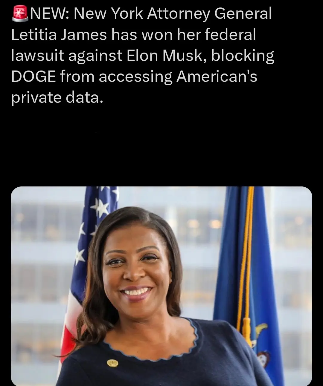 A smiling woman, identified as New York Attorney General Letitia James, is shown in a formal portrait with an American flag…