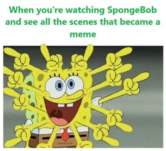 The image shows the cartoon character SpongeBob SquarePants with multiple arms extending outward, each ending in a pointing…