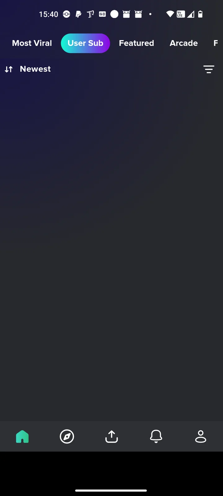 A screenshot of a mobile app interface showing a dark-themed screen with navigation tabs like 'Most Viral', 'User Sub'…