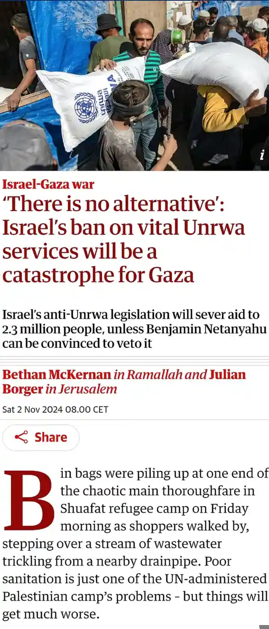 A screenshot of a news article about Israel's ban on UNRWA aid in Gaza, featuring a photo of people carrying large white…